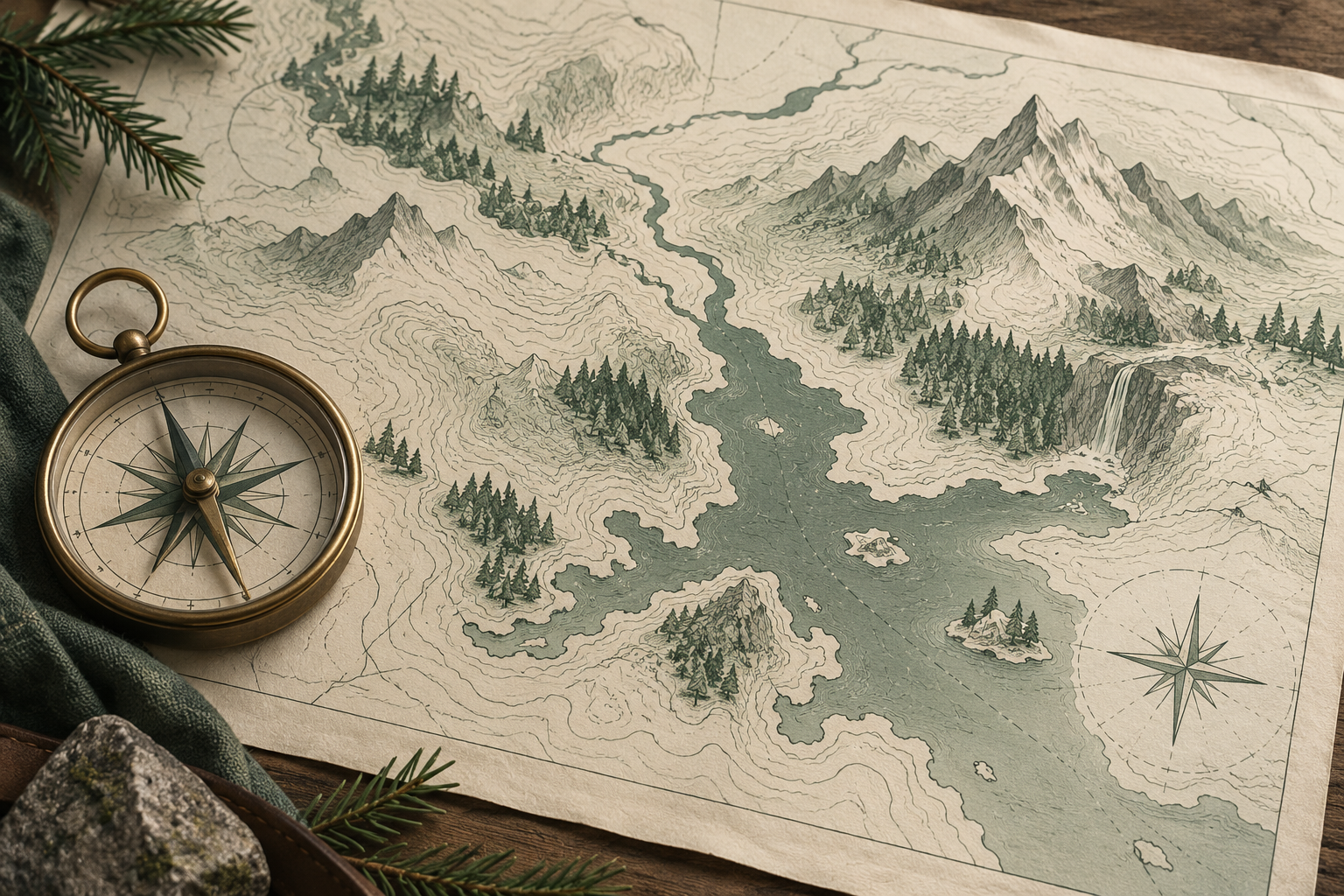 fictional topographic contour map on ivory paper with brass compass and forest green details, clearly artistic no real geography labels